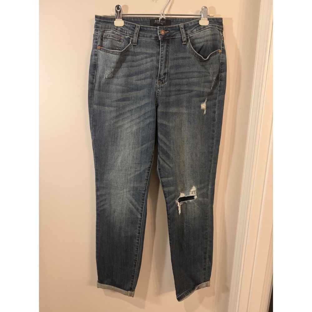 Judy Blue Jeans Boyfriend Fit High Rise Size 11/30 #JB88317 Distressed Logo